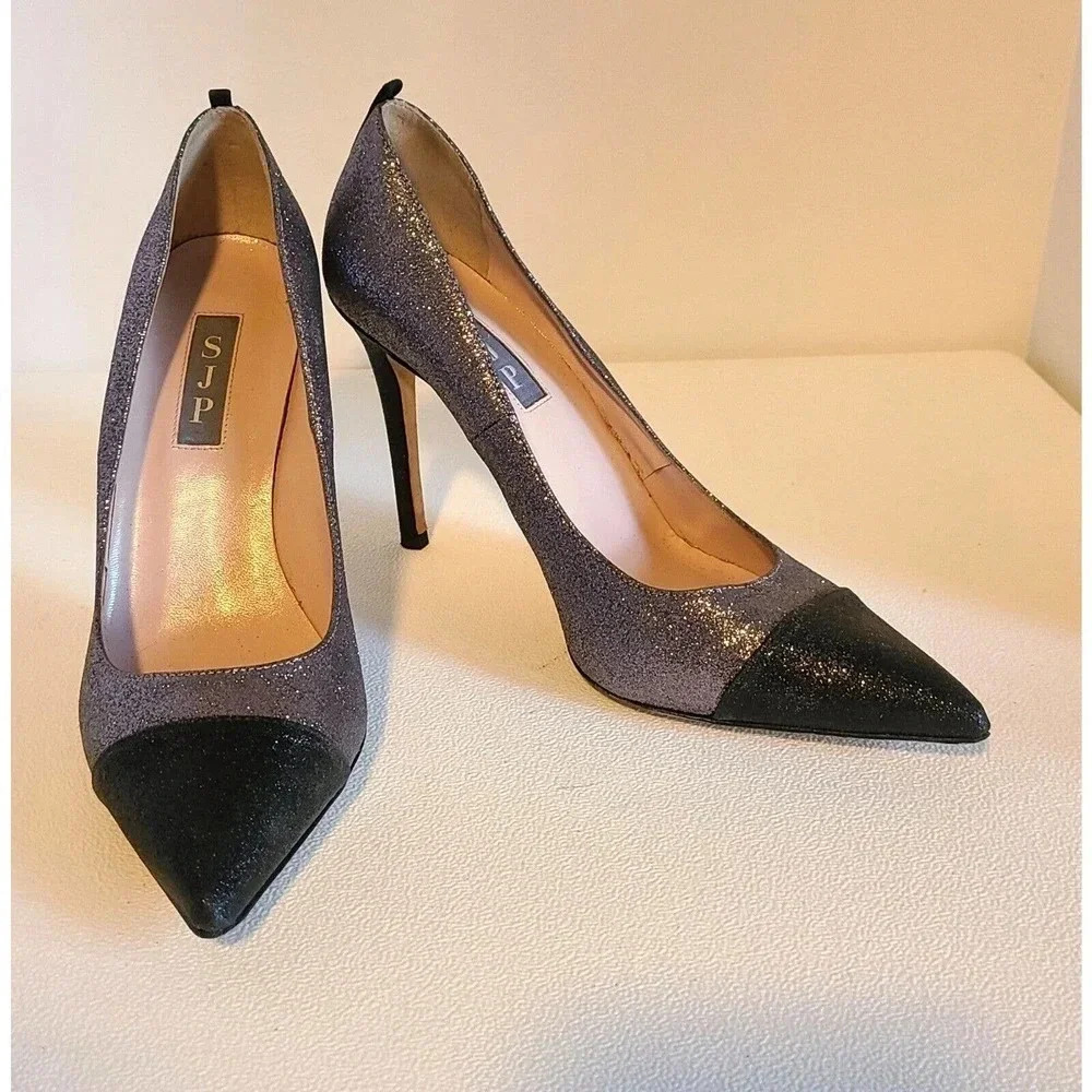 SJP SARAH JESSICA PARKER FAWN 70 GLITTER HEELS SPARKLE SILVER BLACK SZ EU 37.5